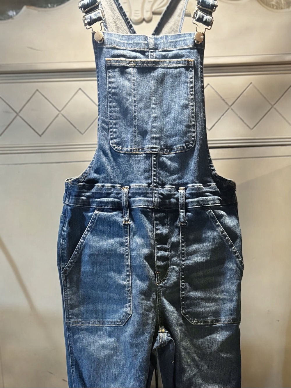 Madewell Light Blue Denim Overalls with Gold Stitching Detail